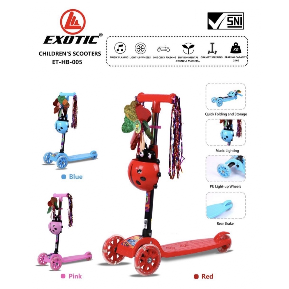 Scooter Anak Exotic Kumbang Lucu HB005 Merah Pink Biru Ada Musik Skuter Anak Skuter Anak Murah
