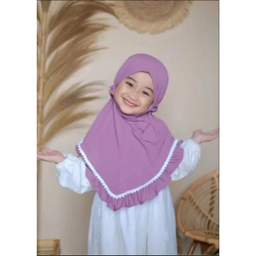 kerudung instan jersey bergo anak perempuan umur 3-8 tahun bahan jersey hyget jumbo renda rempel tali serut ped antem terbaru