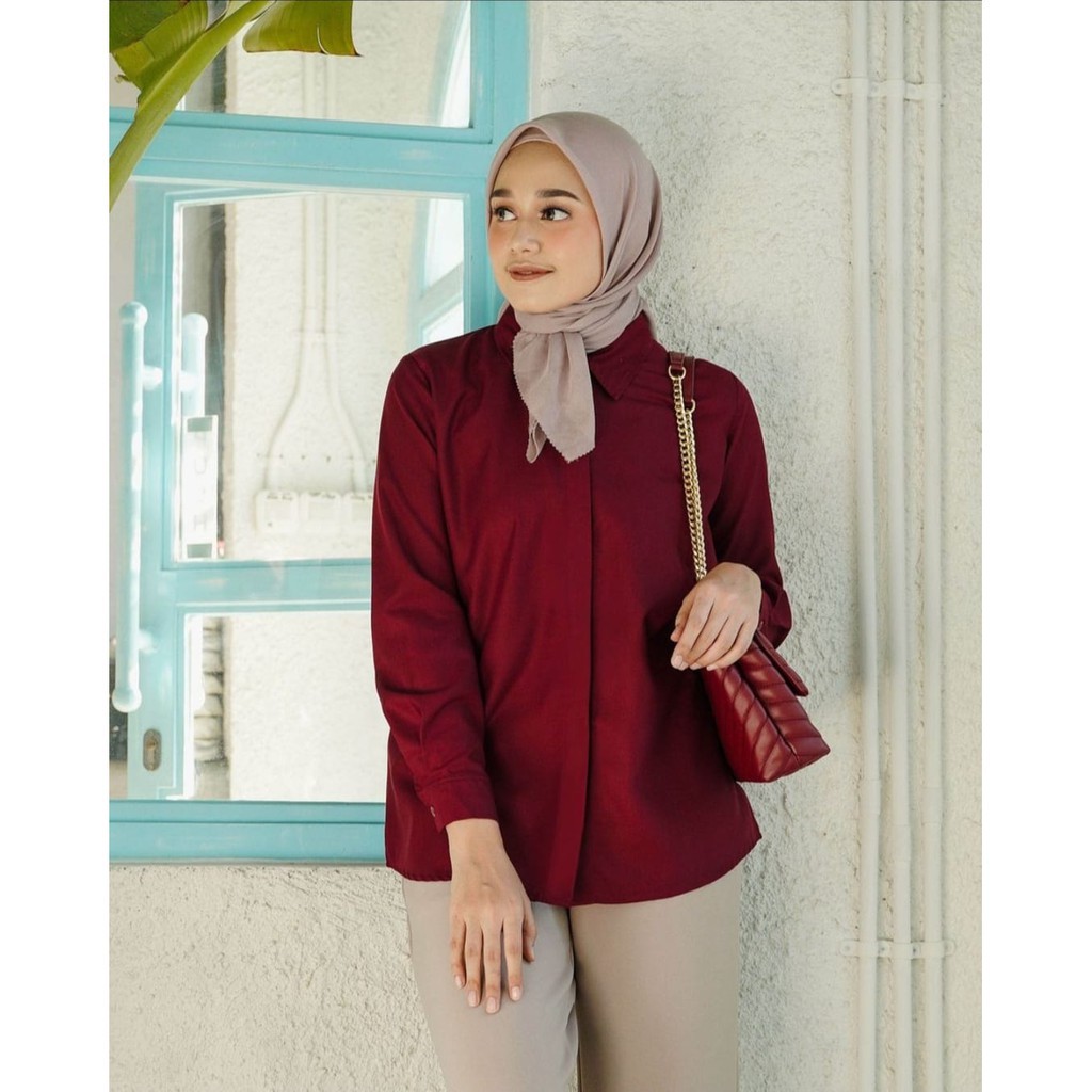 Baju wanita atasan lengan Panjang Kemeja Blouse Putih Hitam Merah Maroon Toyobo Premium Casual Kekin