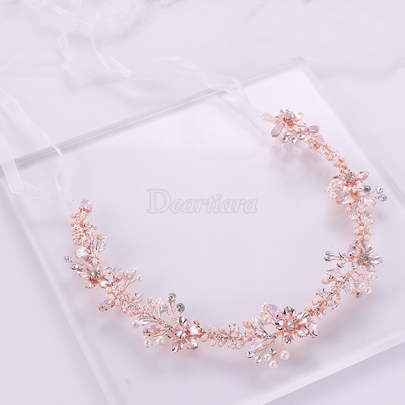 Bando Tiara Handmade Desain Bunga Rose Gold Hias Kristal Mutiara Untuk Pengantin Wanita