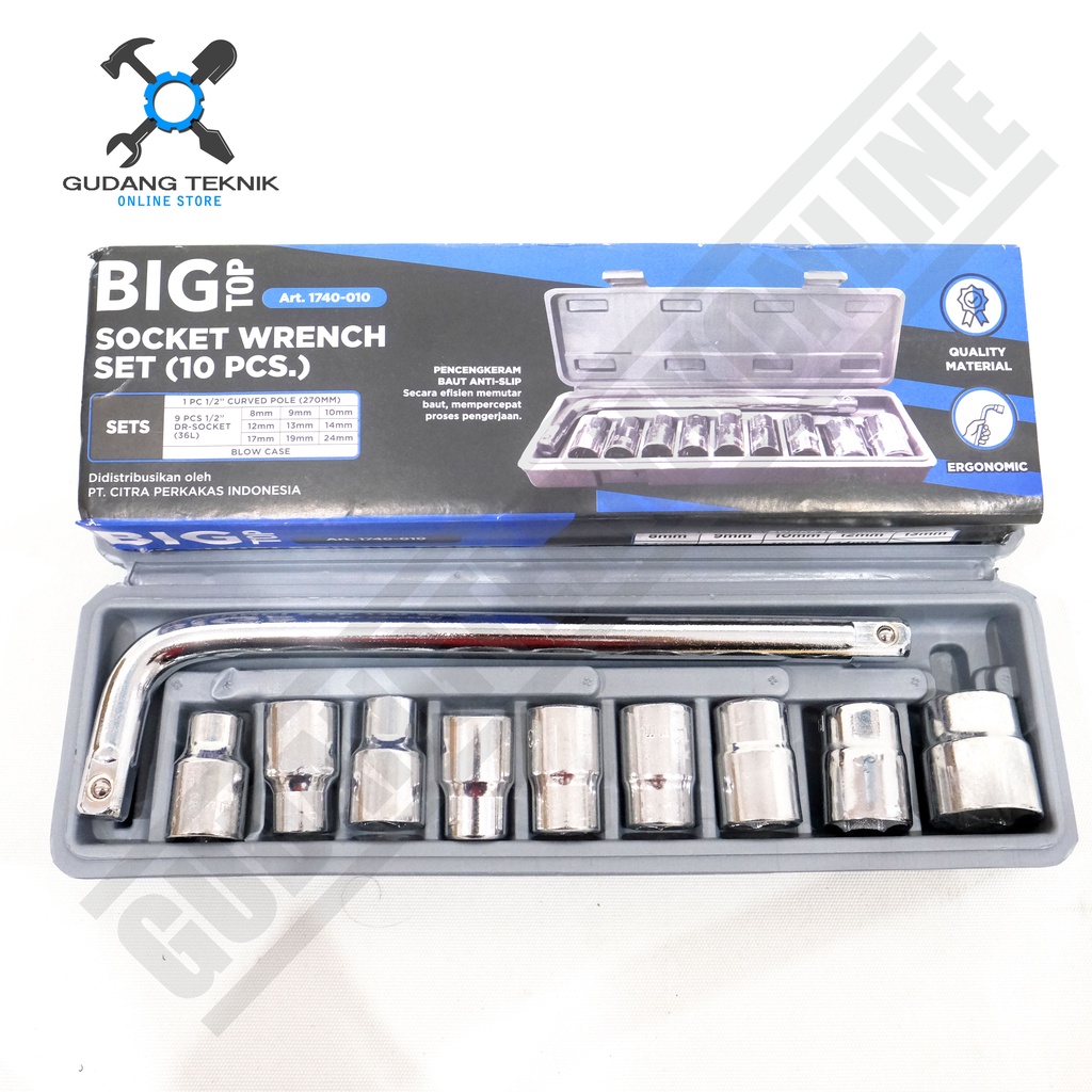 Kunci Shock 1/2&quot; Segi 6 SET 10pcs 8-24mm BIG TOP 1740-010 / Socket Sock Sok Wrench Set HASSTON BIG TOP