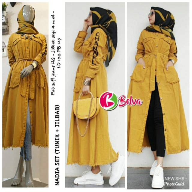 Terbaru Limited Stok  Tunik Cantik Soft Jeans + Jilbab Voal (NADIA SET) by Belva Trendy Kekinian