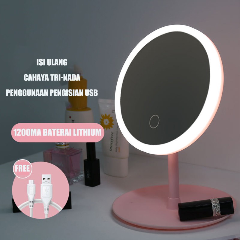 【CT】Cermin Kaca Rias Make Up Dengan Lampu LED Cantik 3 Warna Tombol Touch Screen #PR 15