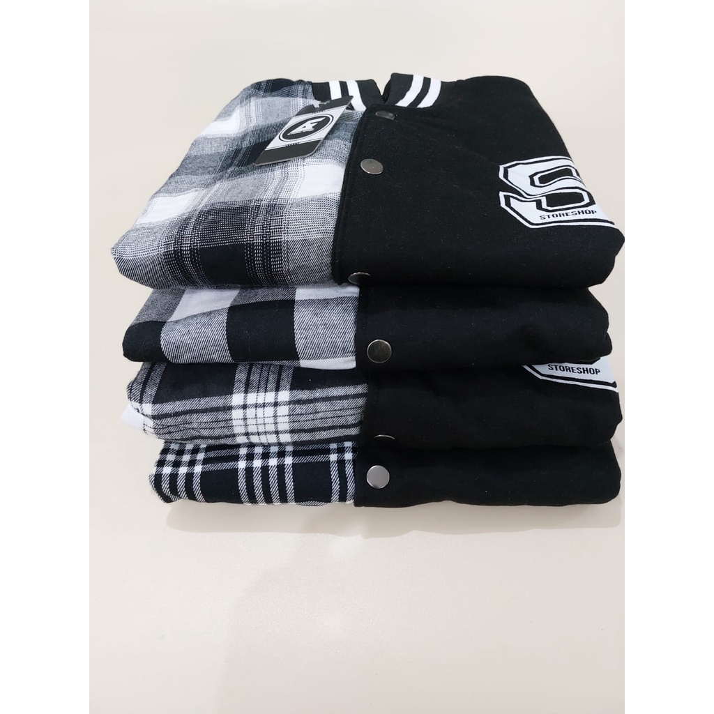 Jaket Crop Varsity Baseball Wanita Korea Flanel