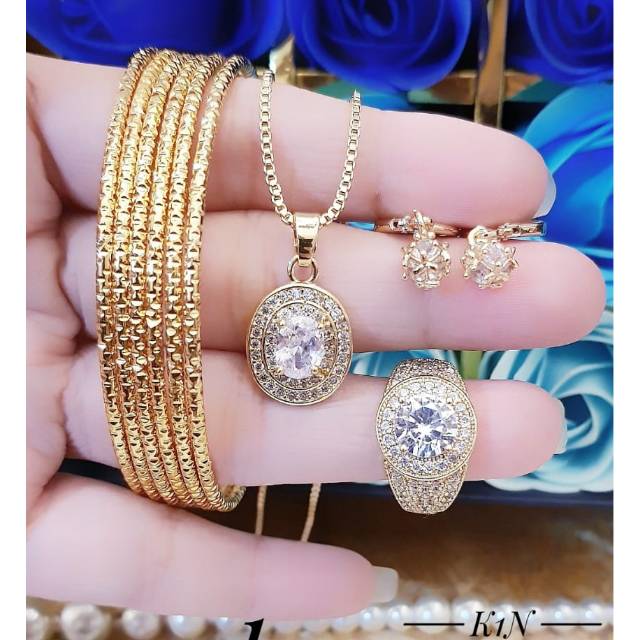 Set Perhiasan Lapis Emas Xuping Gelang Keroncong Cincin Anting Kalung Permata Berlian Gold Titanium