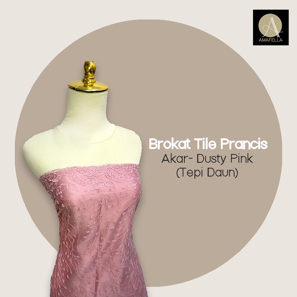 1/2 meter Kain Brokat Tile Prancis Bahan Kebaya Motif Akar Dusty Pink