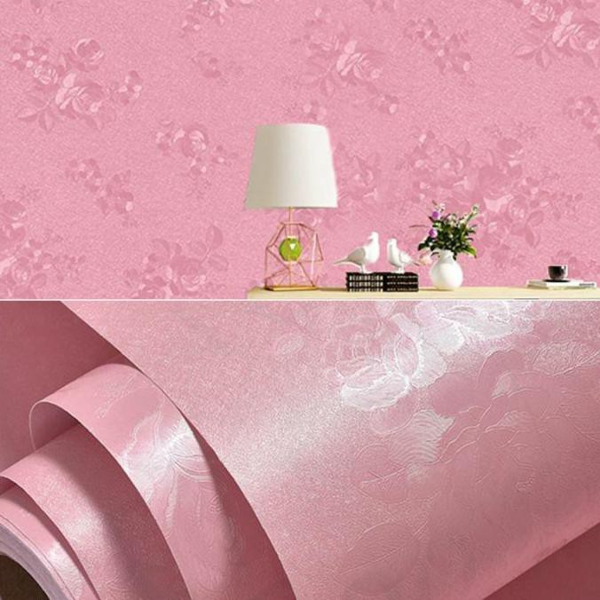 Hemat Grosir Murah Wallpaper Stiker Dinding Motip Pink Kembang Polos Hemat