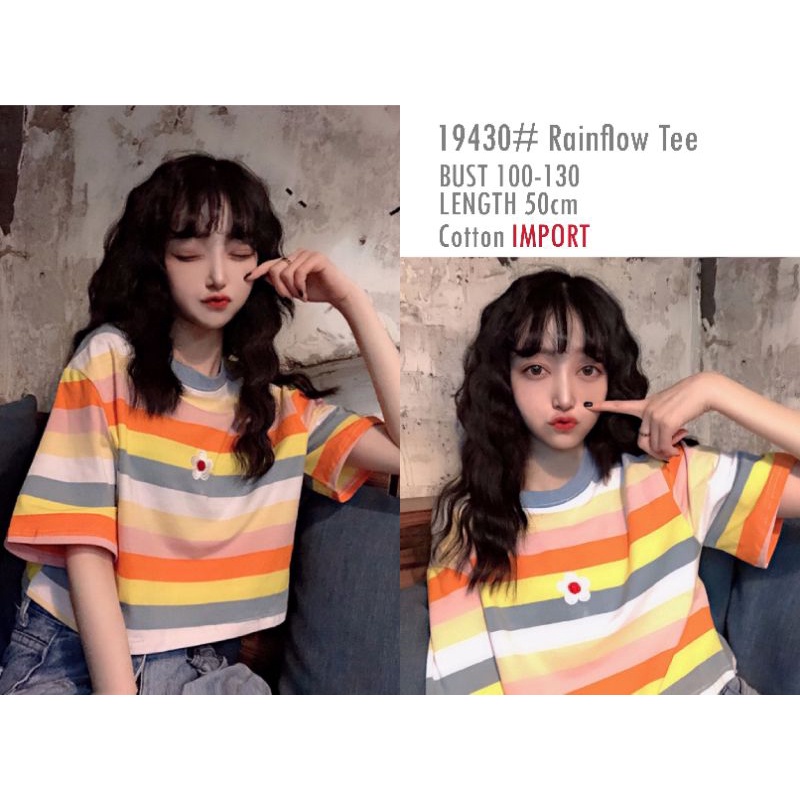 MDLV ~ 19430# Rainflow Tee Korea Crop Top Tee Crop Top Rainbow Daisy Crop Top Cewek Kaos Import Kaos Premium Fashion Premium Fashion Import