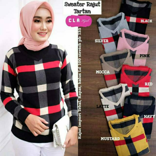 Sweater Rajut Tartan, sweater, sweater muslim, outer, sweater rajut, bahan rajut import, kekinian