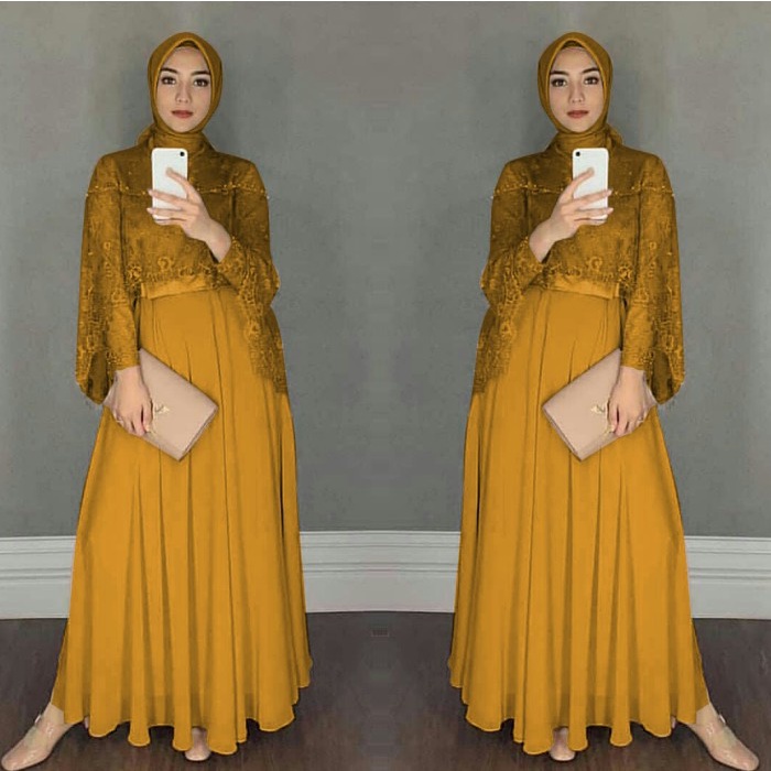 Gamis Maxi / Baju Dress Wanita Muslim Chikita + Cape Tile Mutiara HQ - Mustard