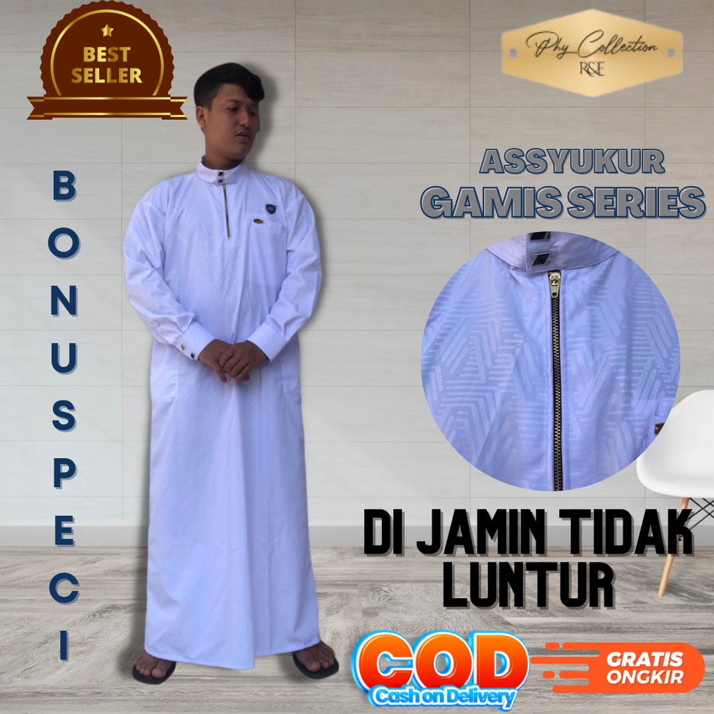 Gamis Jubah pria Laki Laki Dewasa Remaja Kancing Snap Ziper Emas Model Haromain Harmain Ukuran S M L XL XXL XXXL [ASSYUKUR]