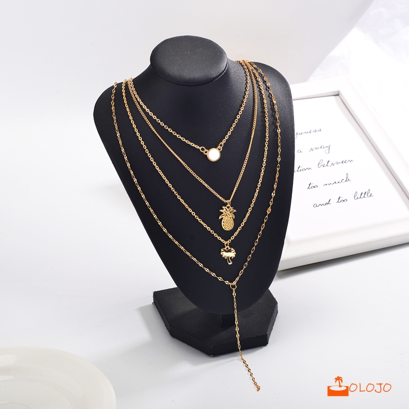 OLOJO Ins Angin Kalung Empat Lapis Kalung Nanas Pohon Kelapa Rantai Klavikula Necklace