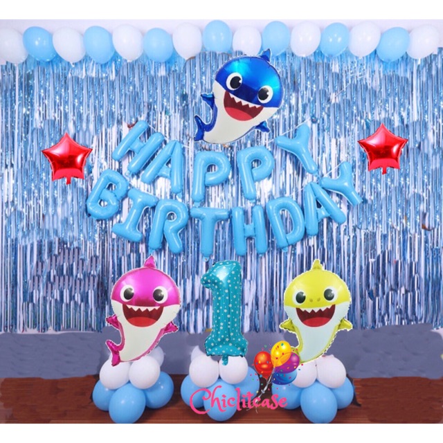 Set paket balon ultah anak baby shark birthday premium ulang tahun