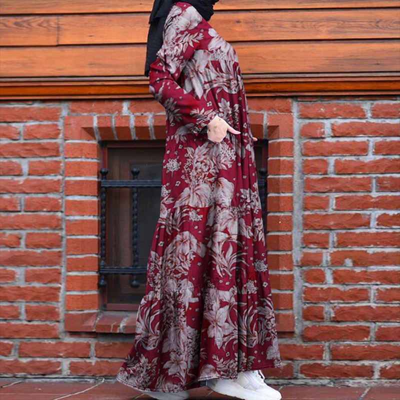 ZANZEA Women Long Sleeve Printed Vintage Back Zipper Muslim Maxi Dress