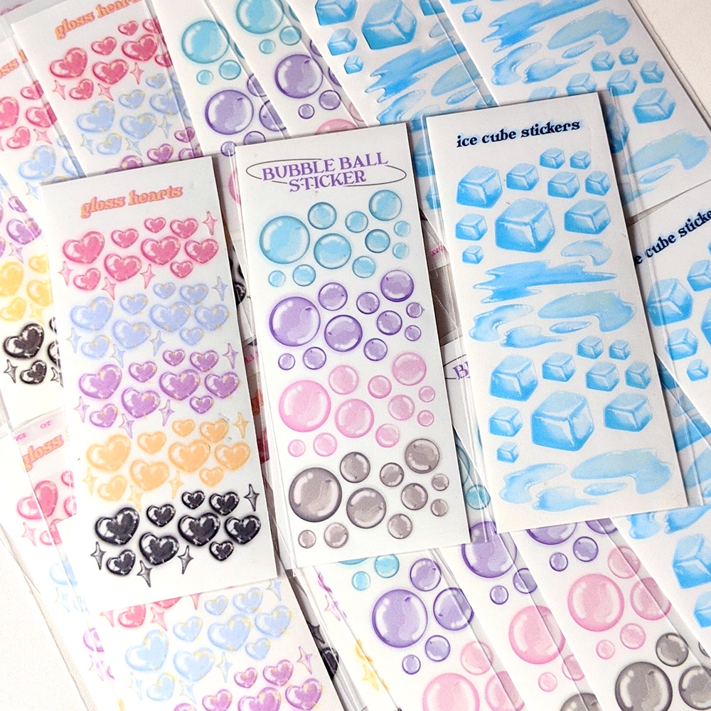 

BUBBLE BALL• GLOSS HEARTS • ICE CUBE STICKER (Transparant & Vinyl Sparkly Doff) ☆ by RATTLED STUDIO - DECO STICKER - RATTLED STIDIO STIKER KPOP PHOTOCARD DECORATION / JOURNALING / JURNAL