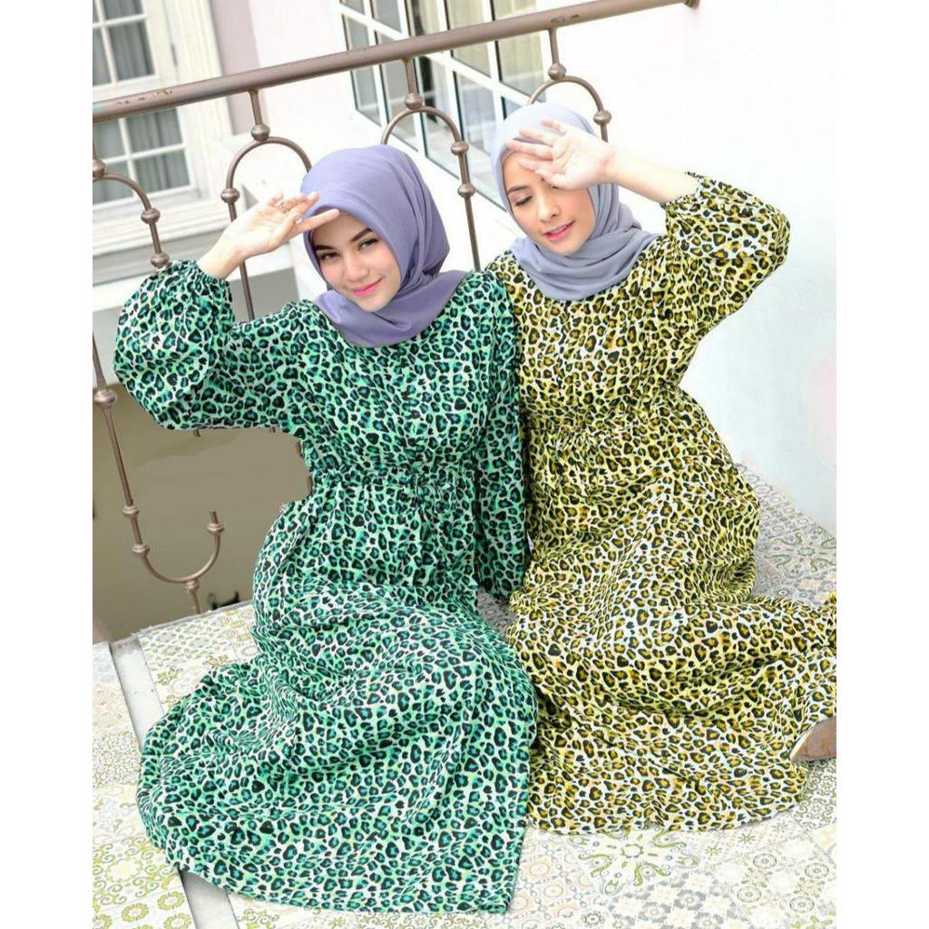 Ayudia Leopard Dress Wanita Rayon Premium Import Gamis Terbaru Lengan Panjang Baju Muslim Kekinian LD 110 cm