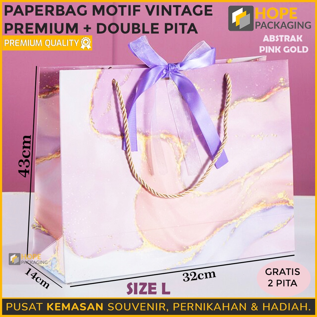 Paper Bag Motif Vintage Premium + Double Pita Warna Hijau / Pink / paperbag Ungu Motif Bunga peony Abstrak Pink Gold