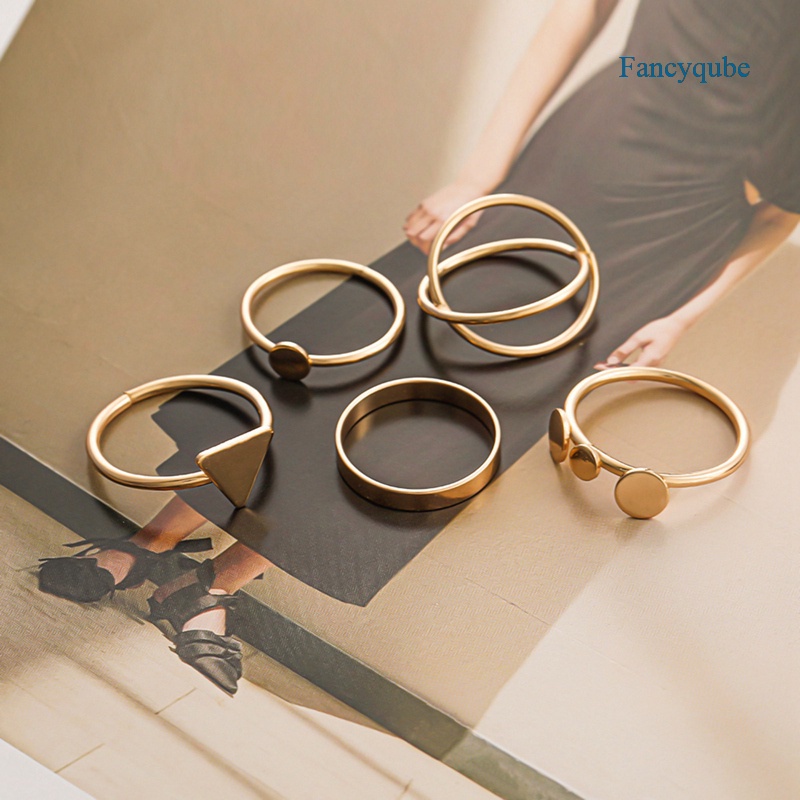 Fancyqube 5pcs / Set Cincin Bentuk Bulat Segitiga Geometris Gaya Eropa Untuk Wanita