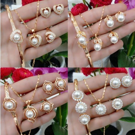 4in1 (Kalung Gelang Cincin Anting Xuping) 1 Set Fashion Wanita Kuping Aksesoris Dewasa Model Mutiara