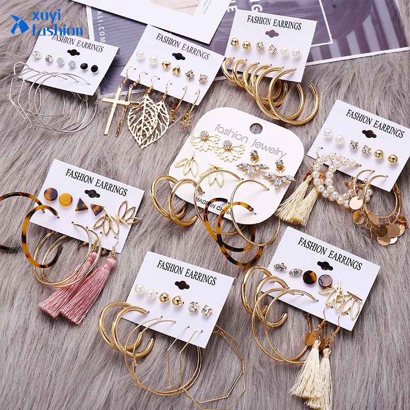 6 Pairs / Set Alloy Tassel Earring Suit Circle Sequin Pearl Acrylic Zircon Stud Earring Accessories