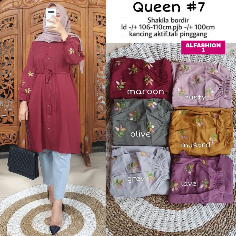 QUEEN #7 BY ALFASHION TUNIK BAJU ATASAN LD 104-110CM BAHAN SHAKILA BORDIR KANCING DEPAN FREE BELT