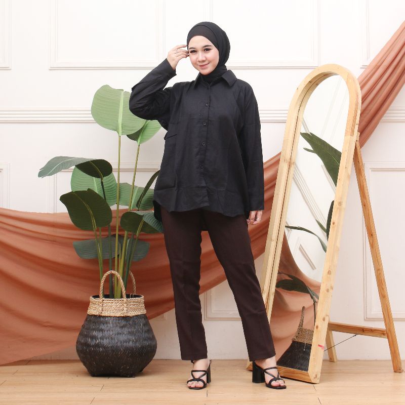 KEMEJA LENGAN PANJANG//LEA SHIRT KEMEJA OVERSIZED// Misty Long Shirt Kemeja Wanita-Black