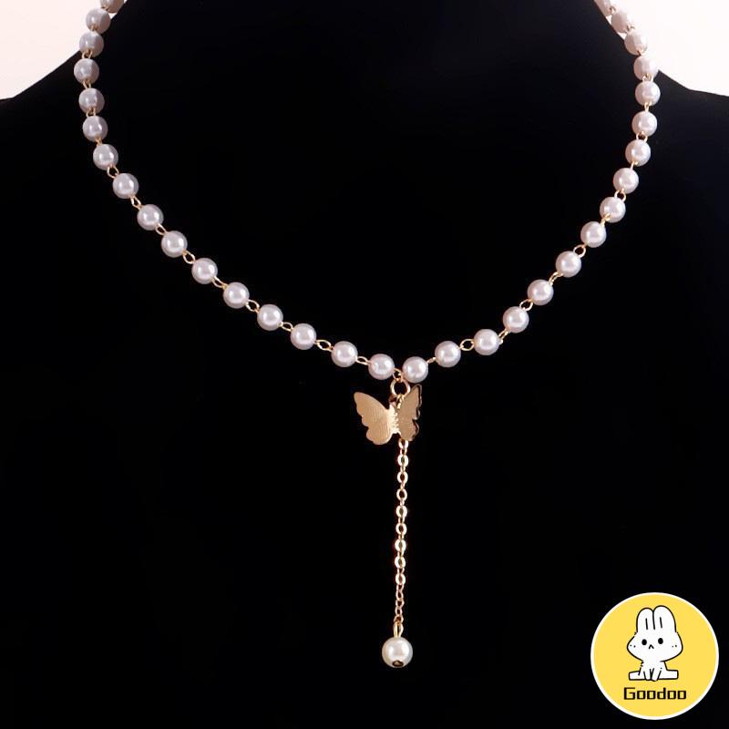 Retro Butterfly Pearl Kalung Lembut Gadis Kecil Cinta Liontin Kalung Rantai Klavikula -Doo