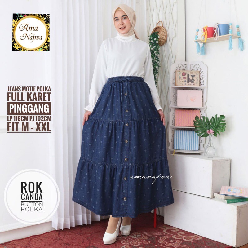 Canda Skirt Rok Button Polka Jeans Wash Jumbo Lp 116 Fit XXL Pinggang Full Karet By Ama Najwa