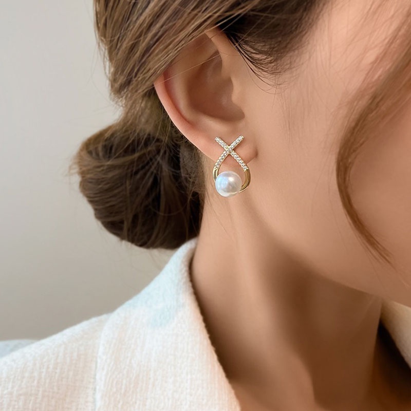 Anting Tusuk Motif Huruf X Hias Mutiara Imitasi Ala Perancis Untuk Wanita ACKER