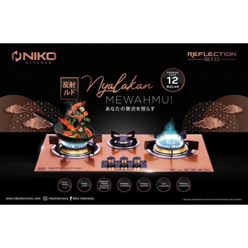 NIKO RG 20T  /  3 Tungku  REFLECTION GOLD  BLACK Kompor Gas Kaca  2 Tungku