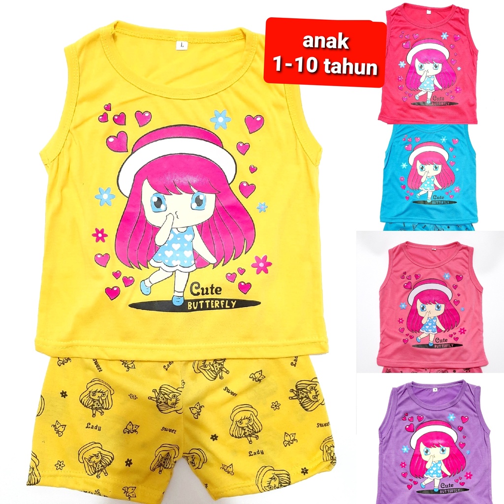 setelan singlet celana pendek 1-10 tahun anak perempuan pakaian kaos cewek S M L XL topi girl grosir