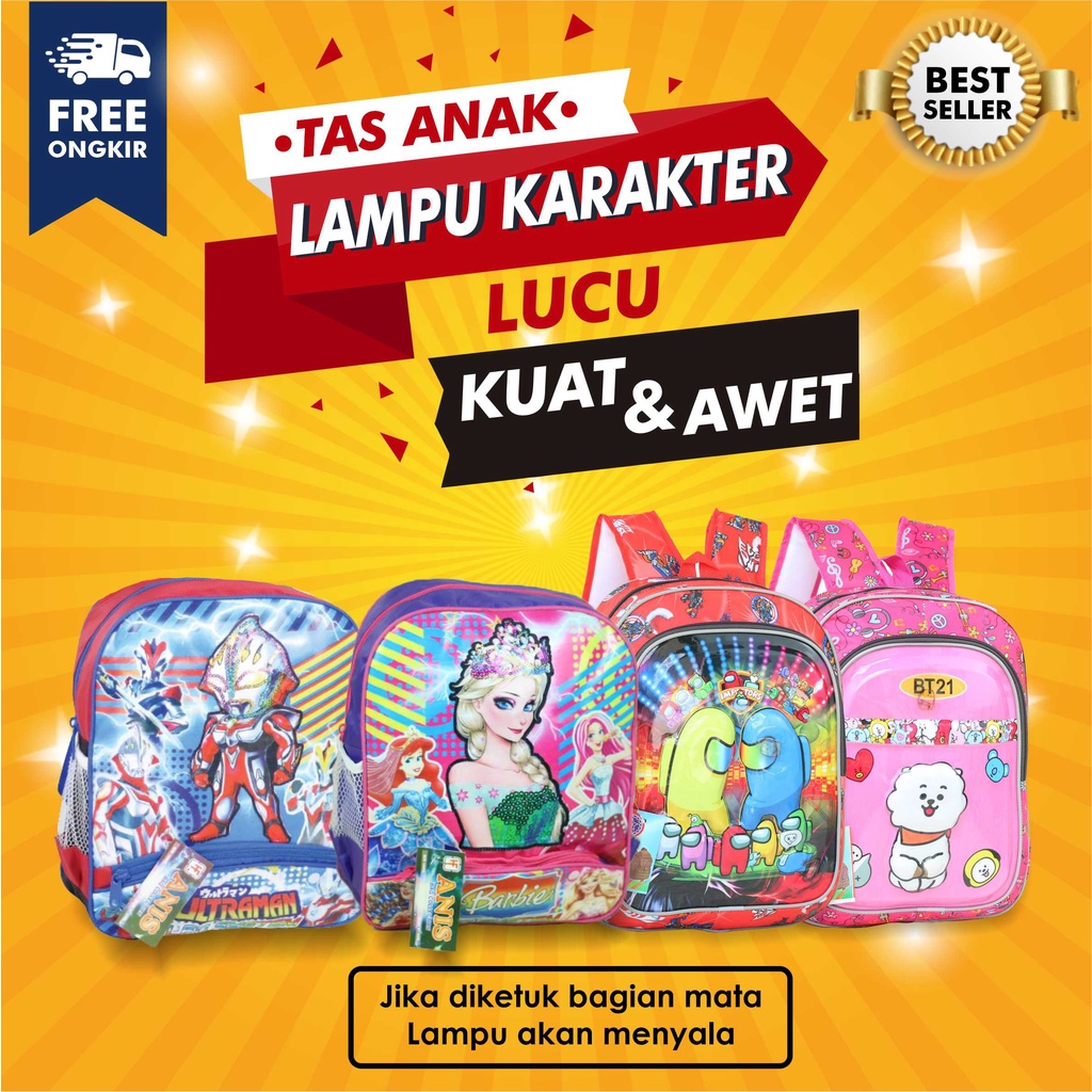 Ransel Anak Sekolah Cewek Cowok Ransel LED Lampu Nyala Karakter Motif Kartun PAUD Playgroup TK Lucu