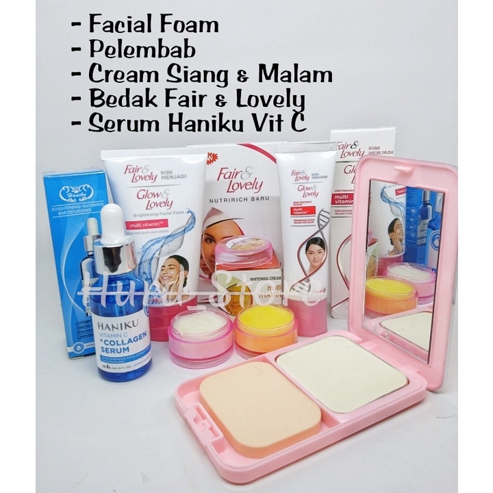 Paket 5 in 1 Fair And Lovely - Cream Siang Malam - Pelembab 25g - Facial Foam 50gr - Bedak Fair & Lo