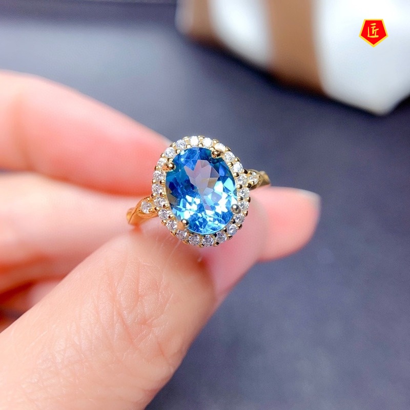 [Ready Stock]Simple Fashion Gold Natural Blue Topaz Ring