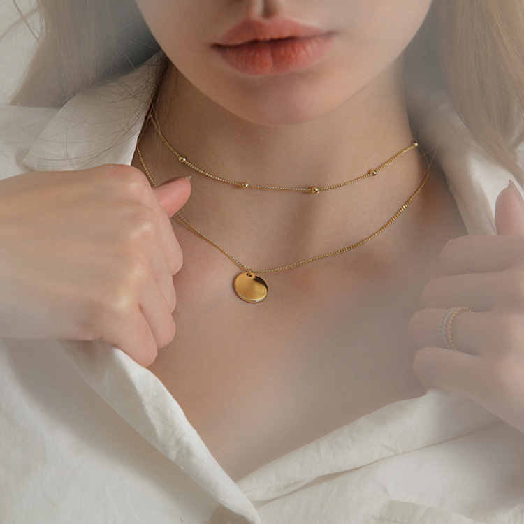 2pcs/set Kalung Rantai Dengan Liontin Koin Bulat Ganda Gaya Korea Untuk Wanita