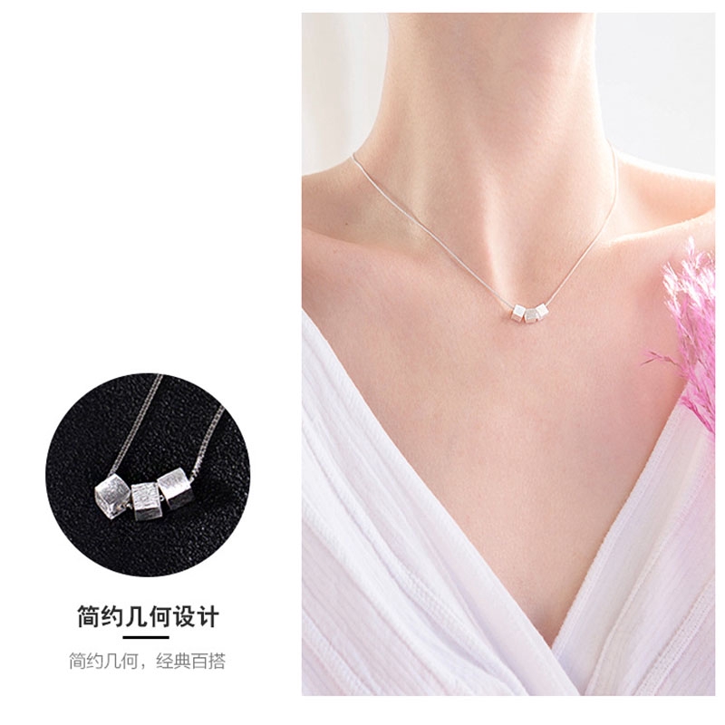 Kalung Silver Cube Pendant Necklace Clavicle Chain Necklaces Women Jewelry Accessories