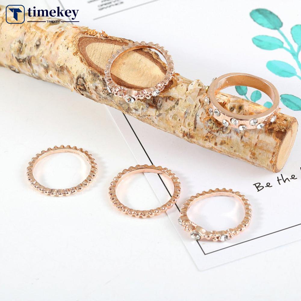 Timekey 5PCS / Set Cincin Rose Gold Hias Berlian Imitasi Gaya Simple Untuk Wanita A7K4