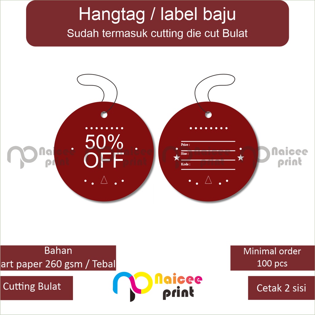 

cetak label hangtag baju | label baju bulat | 2 sisi | murah