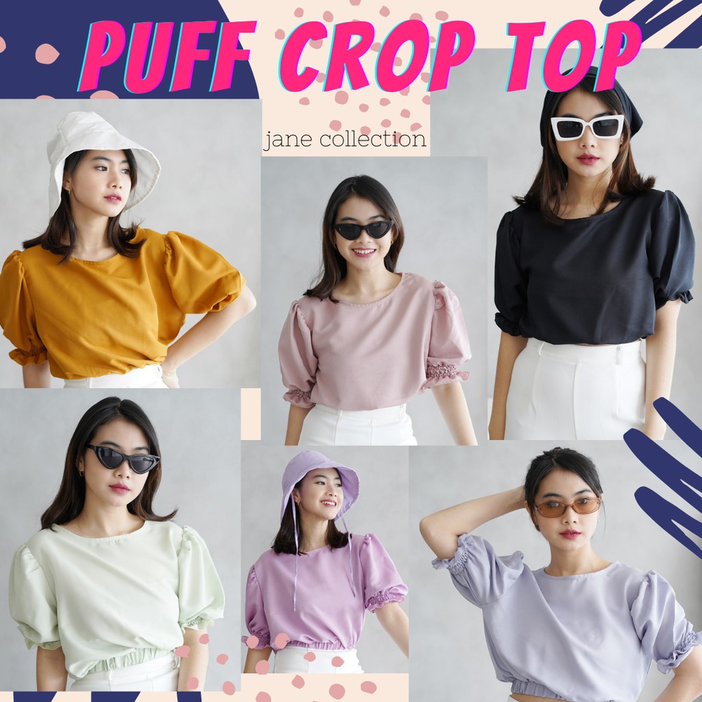 JANE COLLECTION || Atasan Wanita Crop Top Lengan Balon Blouse Hitam Cewek Korea Casual Puff Crop Top