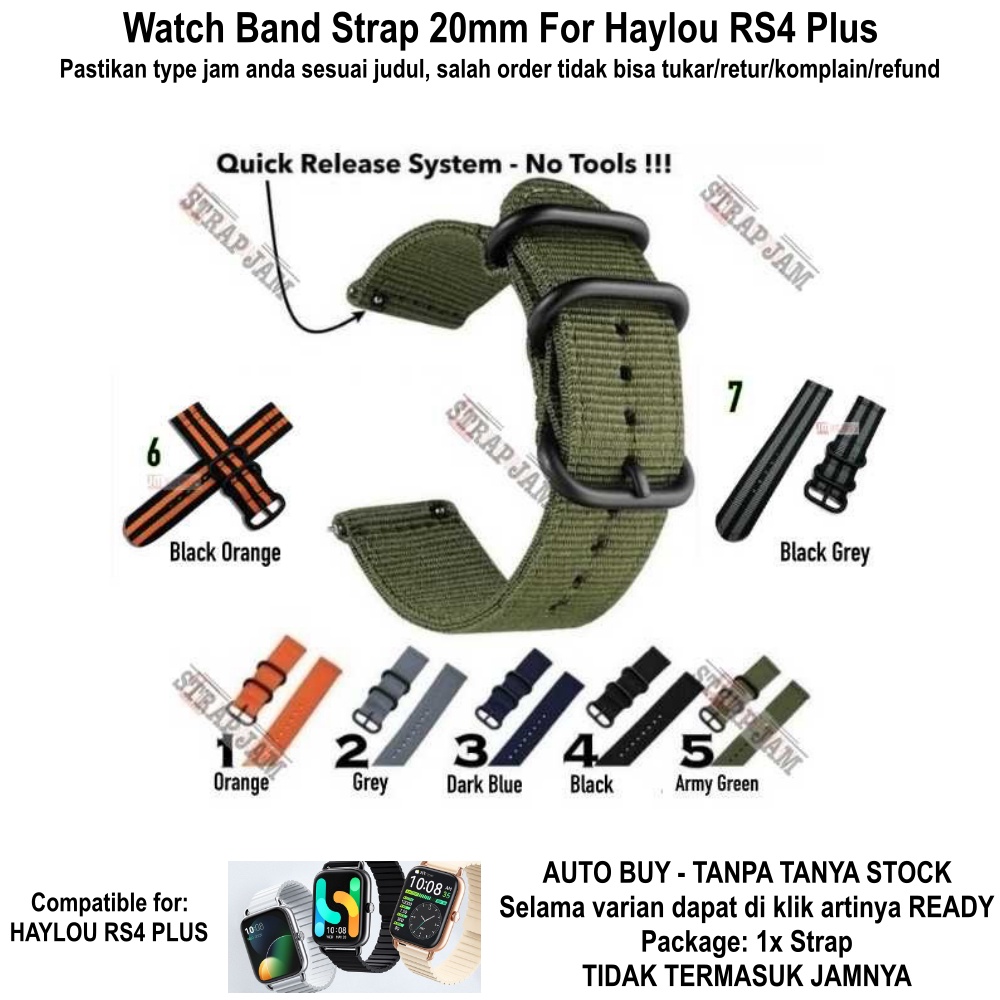 STITCHING 20mm Strap Haylou RS4 Plus - Tali Jam Nylon Kanvas 3 Buckle Hitam