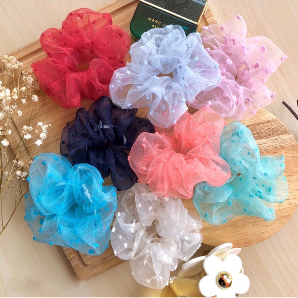 ikat rambut scrunchie korea organza dot 3D