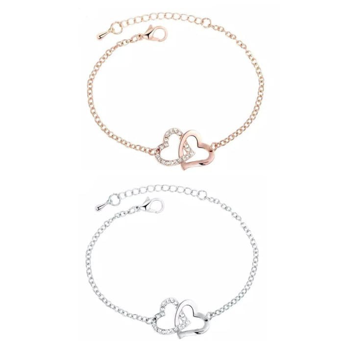 Gelang Bangle Hias Zircon Kristal Bentuk Hati Warna Silver dan Gold