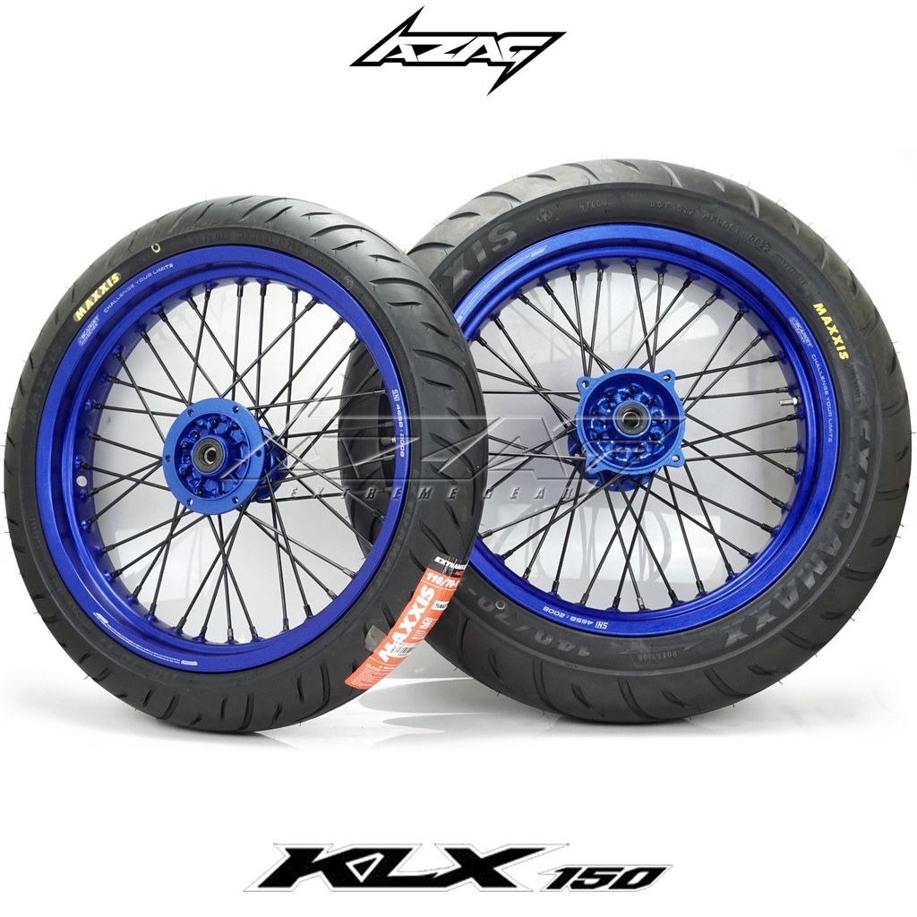 BAN SET SUPERMOTO KLX150 RING SCARLET 17/300-17/350 HOLE 36 TROMOL CNC BIRU