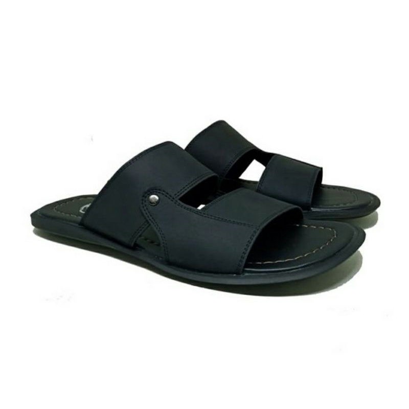 Sandal Ukuran Besar 44-47 / Sendal Slide  Pria Cowok Bapak2/JUMBO BIG Bahan Kulit Hitam, 47