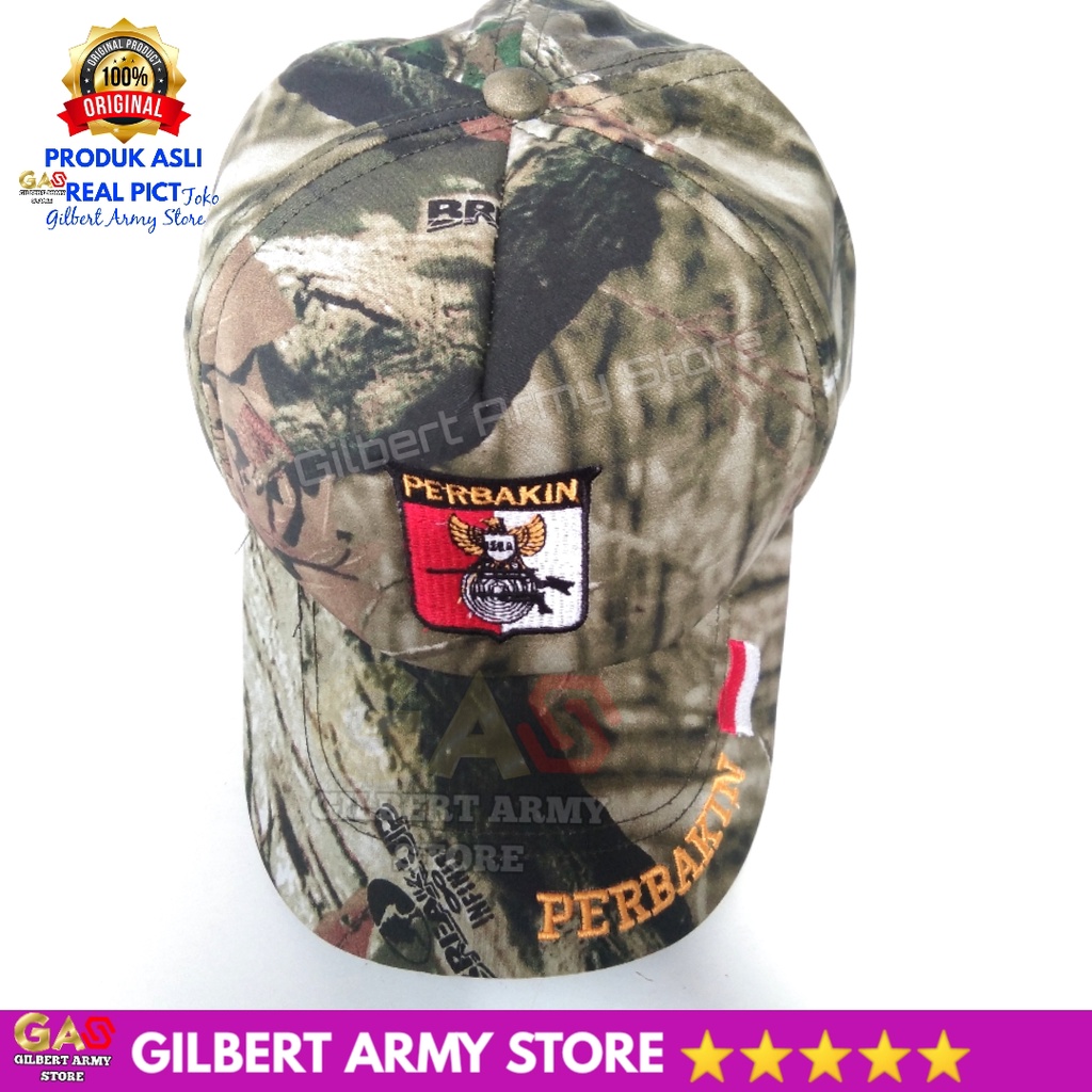 GILBERT ARMY STORE Topi Loreng Camo Perbakin Terbaru Logo Bordir Military Outdoor Camping Motif Daun Berburu Realtree Grosir Premium Murah