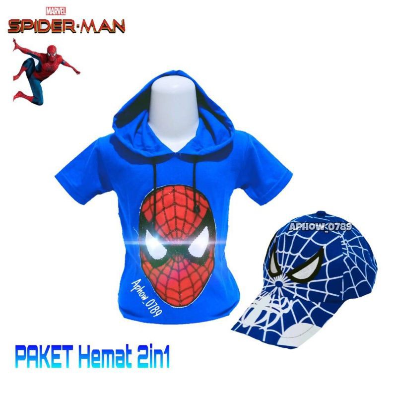 2IN1 PAKET HEMAT KAOS HOODIE ANAK LED TOPI BORDIR SPIDERMAN