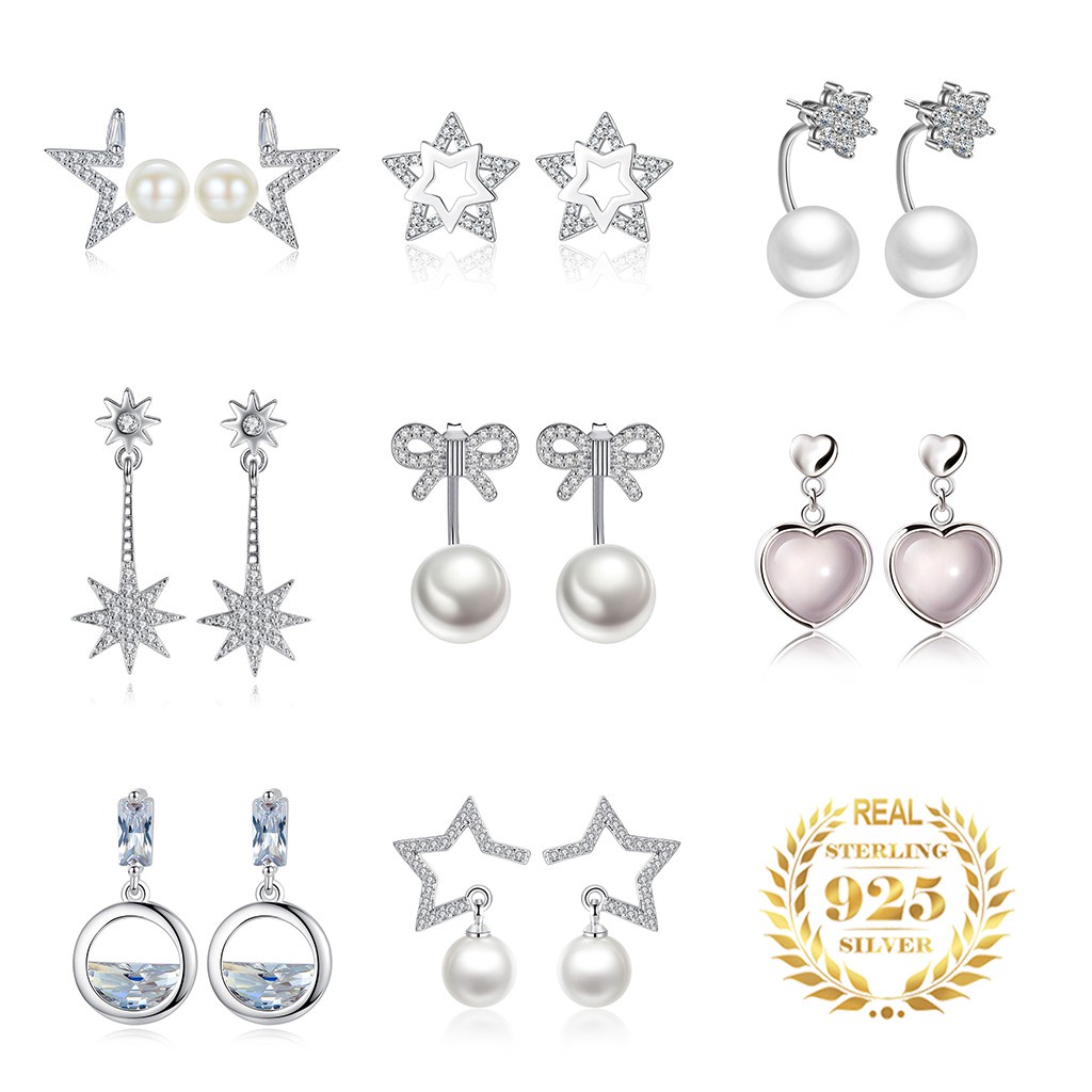 925 Perak Lucu Anting-Anting Anting-Anting Gaya Korea Wanita Mutiara Lima Menunjuk Bintang Kepingan Salju Sayap Fashion Ornamen