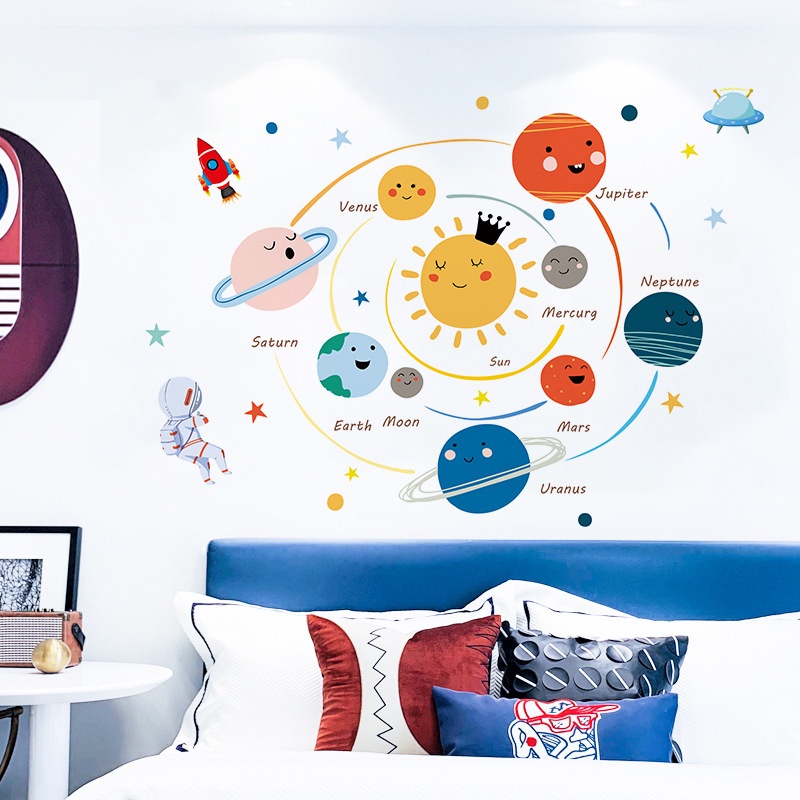 【beautifulhome12.id】Cartoon solar system planets wall sticker child kids room home mural removable