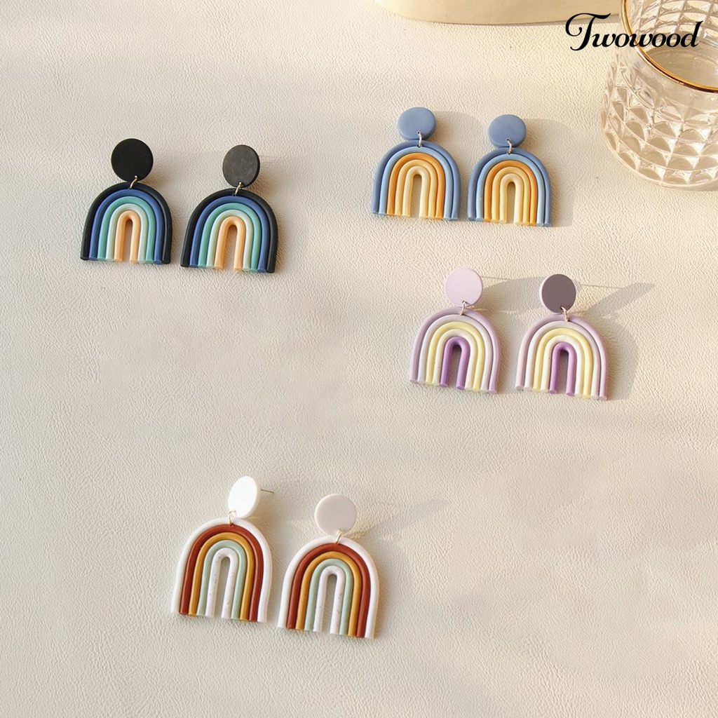 Twowood 1 Pair Drop Earrings Geometric U Shape Colorful Polymer Clay All Match Bohemian Stud Earrings for Dating