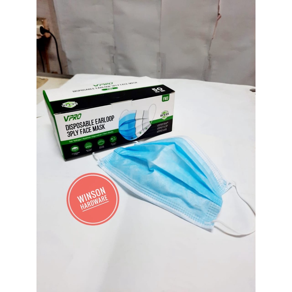 Masker VPRO 3ply Non Medical Earloop Face Mask 3 Ply (isi 50 pc)